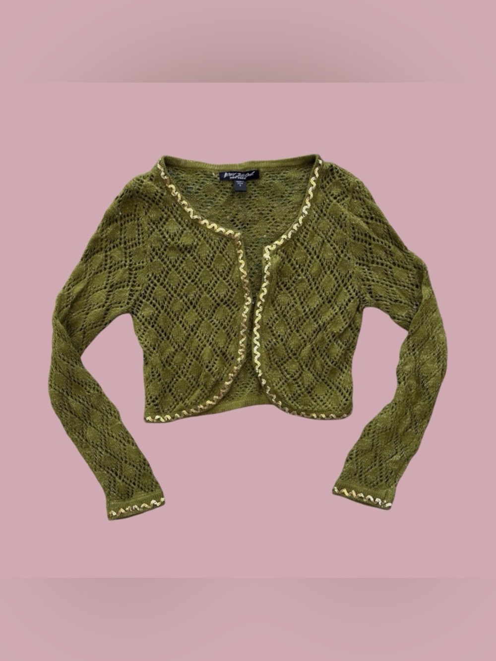 Vintage 90s Betsey Johnson Olive Green Knit Cropped Cardigan Sweater